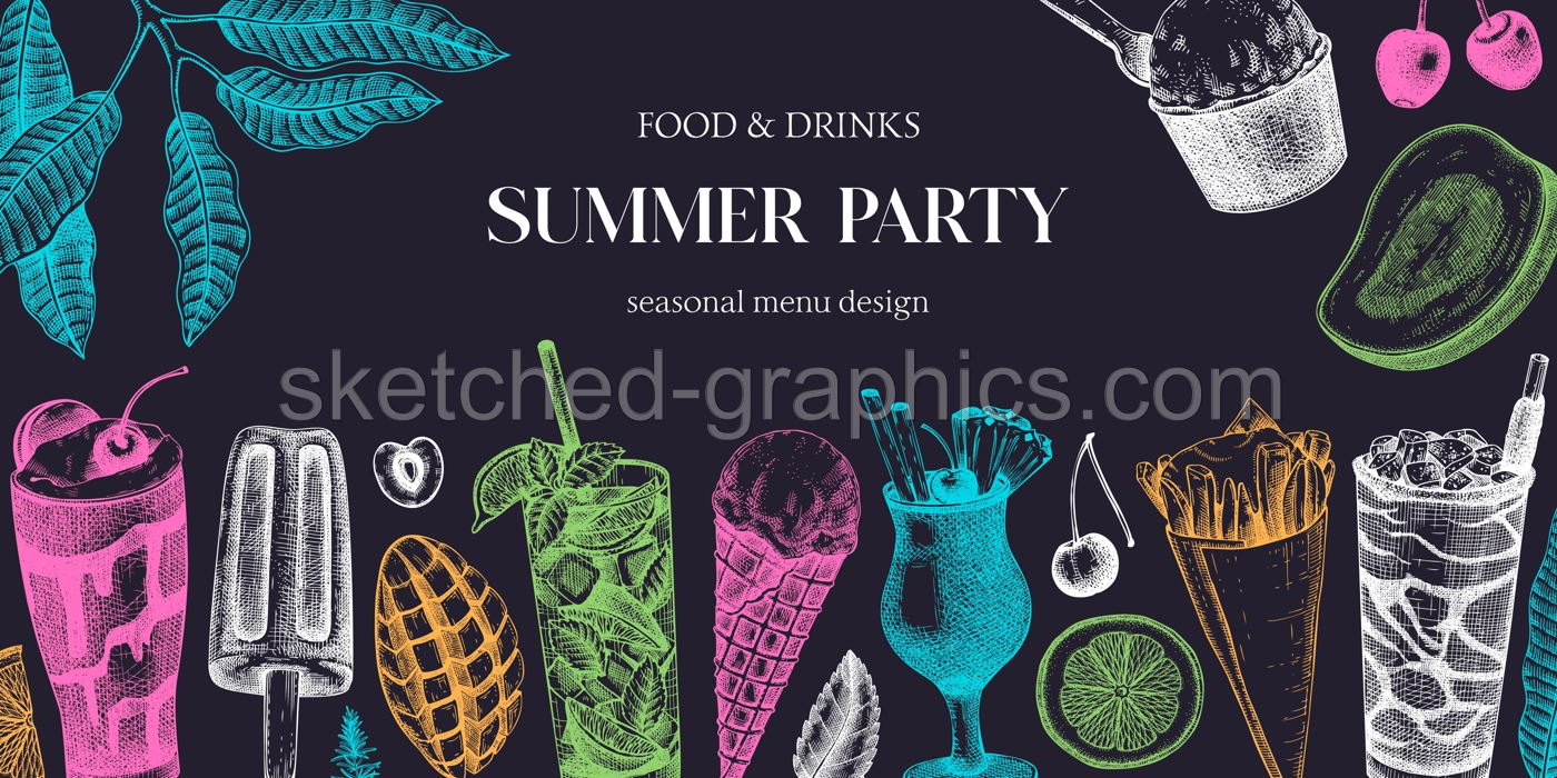 Summer party background. Non-alcoholic beverage, mocktail, ice cream, fruit, cocktail sketches. Hand drawn vector illustration. Summer food festival frame. Bar menu. Tropical design on chalkboard Illustration